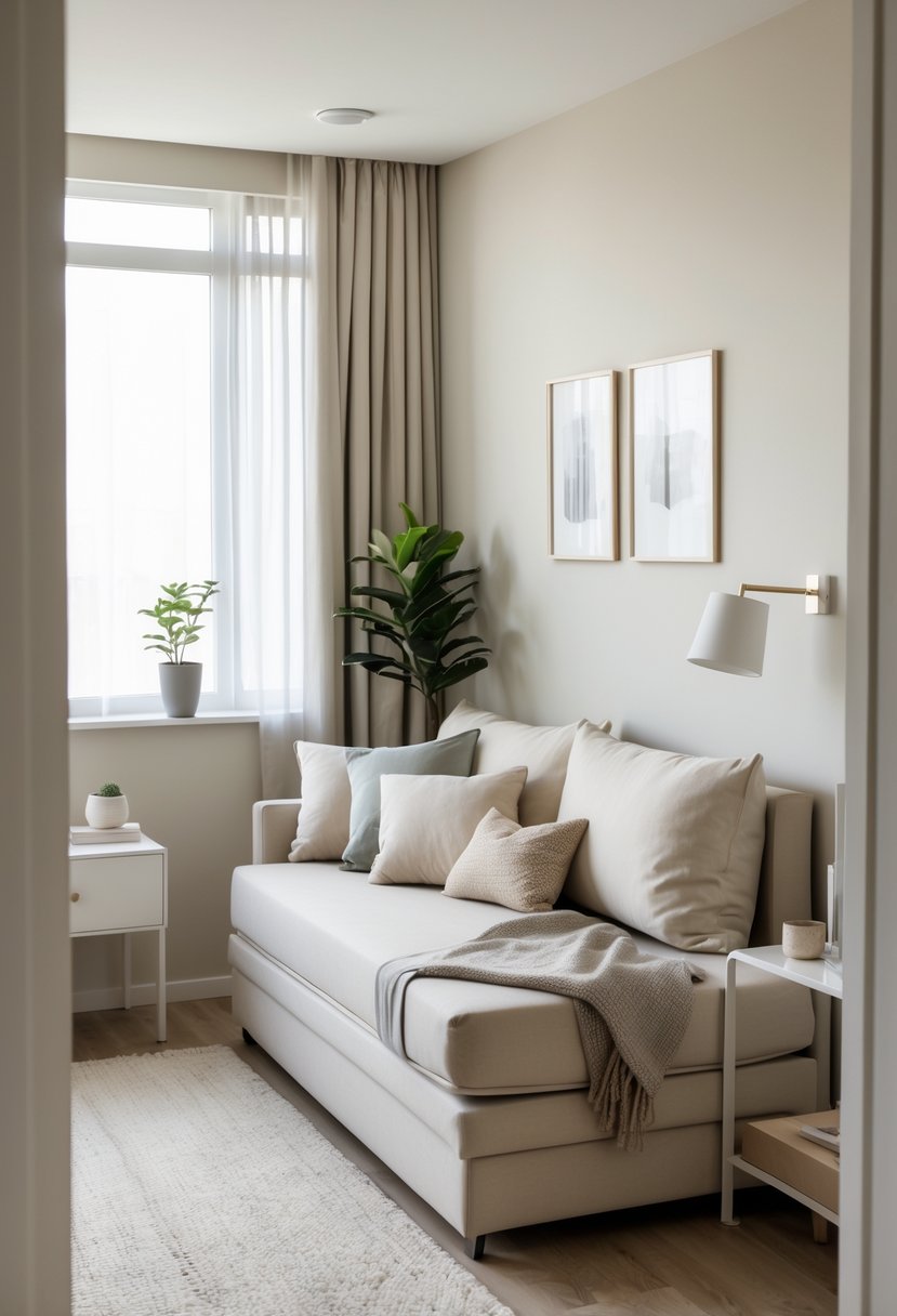 Small guest bedroom with a sleeper sofa, bedside table with lamp, potted plant, and natural light coming through a window.