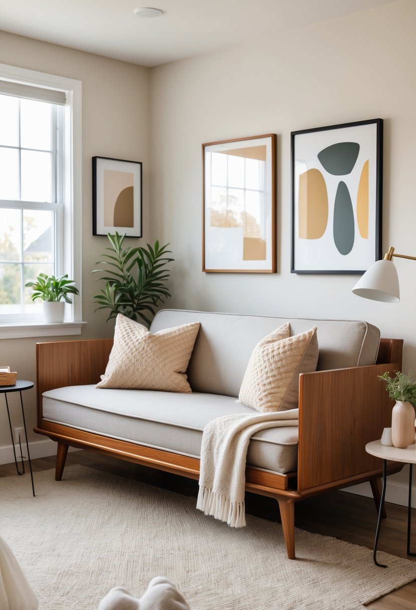 A small guest bedroom with a neatly made sleeper sofa, side table with lamp, a potted plant, and framed artwork on the wall.