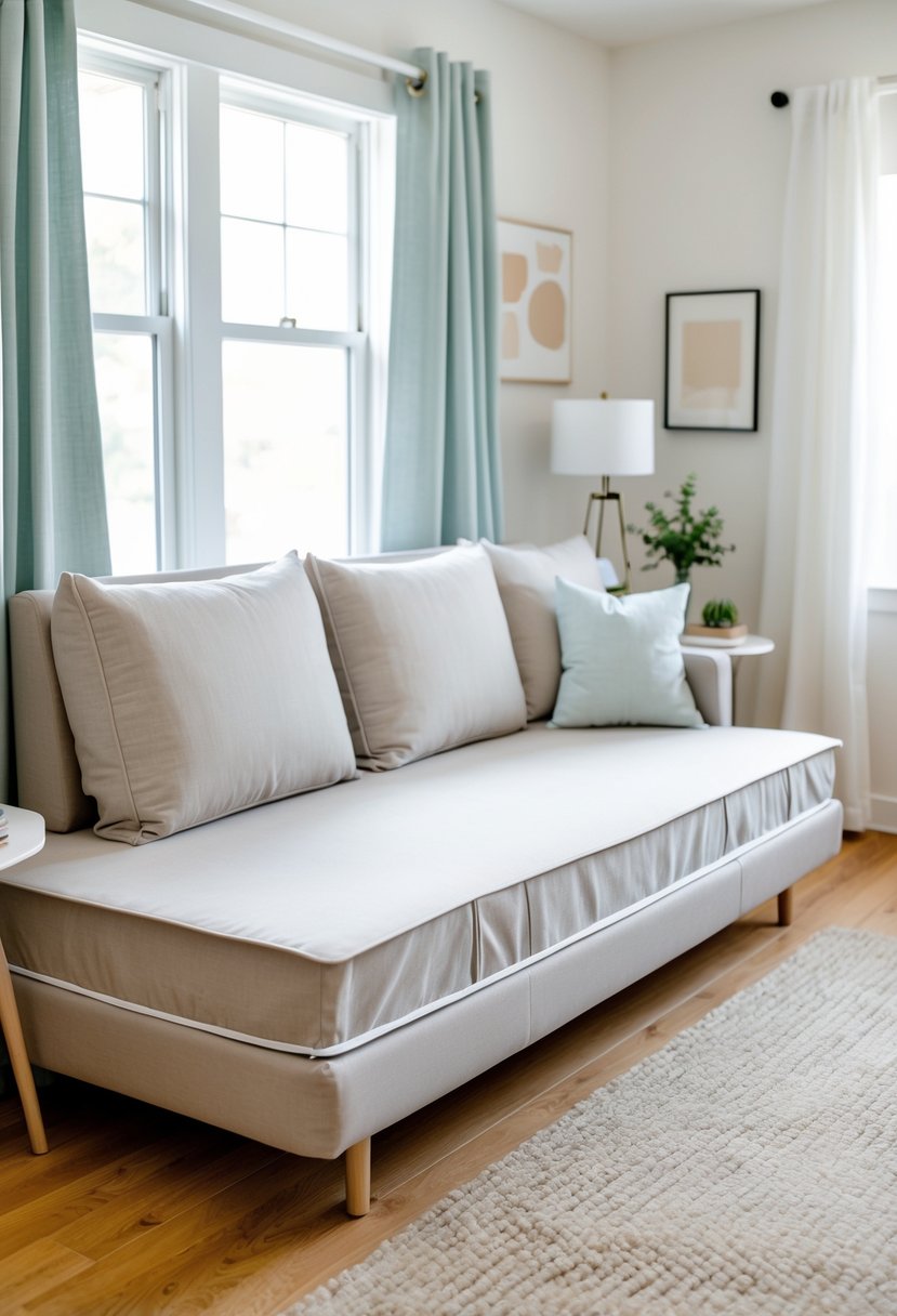 A small guest bedroom with a sleeper sofa partially extended, featuring removable slipcovers and simple decor.