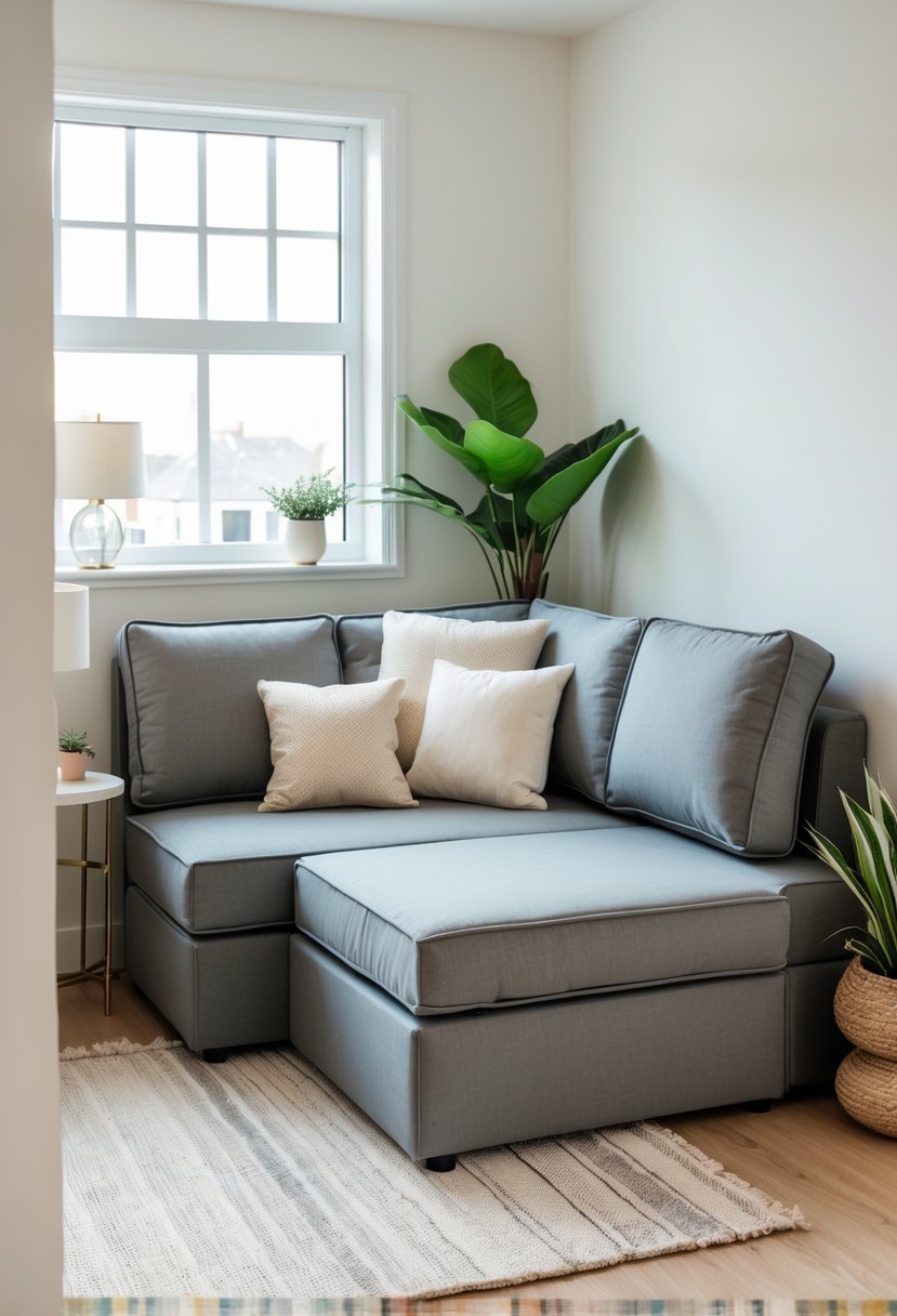 Small guest bedroom with a corner sleeper sofa, side table, lamp, and plants.