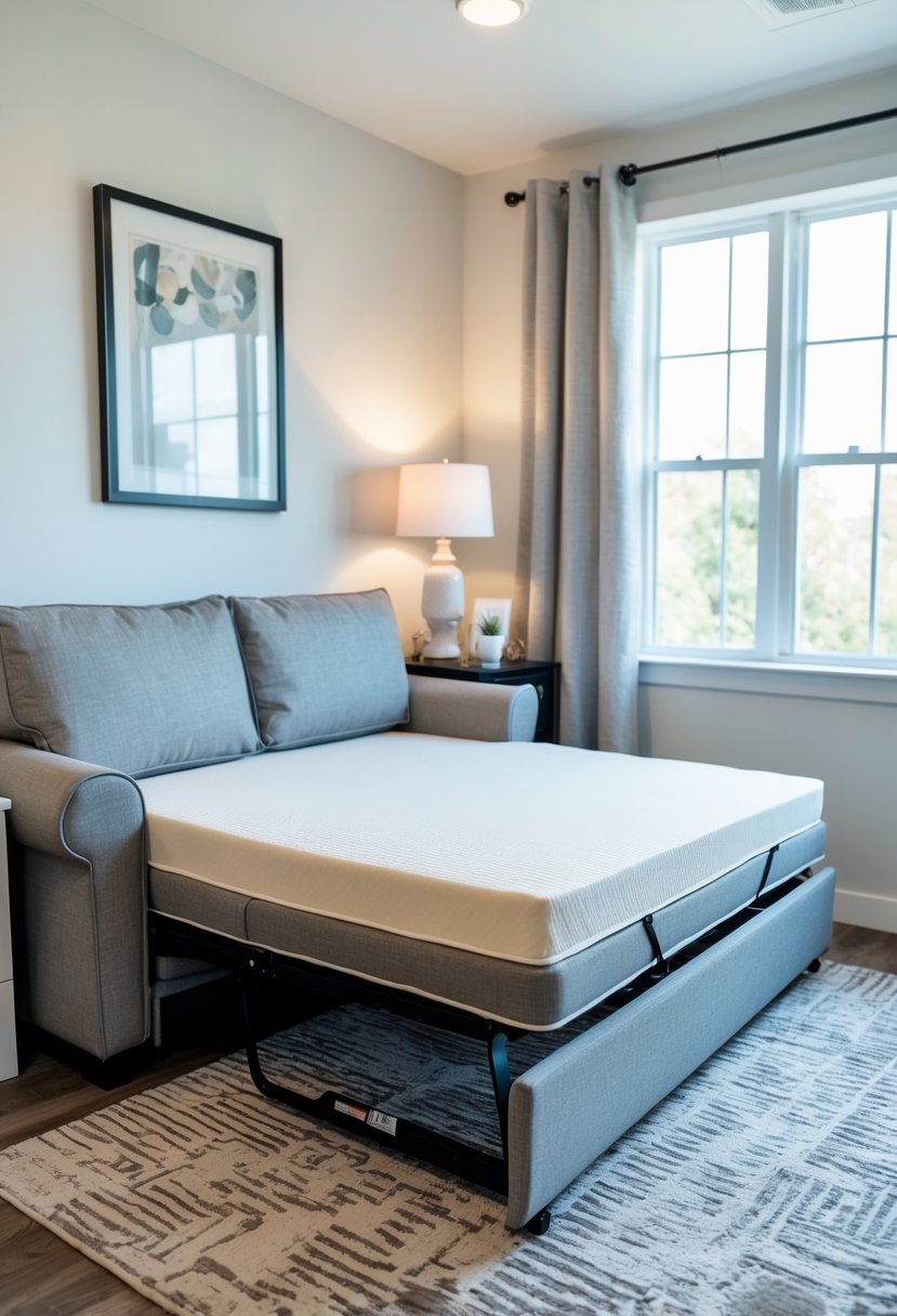 A small guest bedroom with a sleeper sofa partially unfolded to show the mattress, a bedside table with a lamp, and a window letting in natural light.