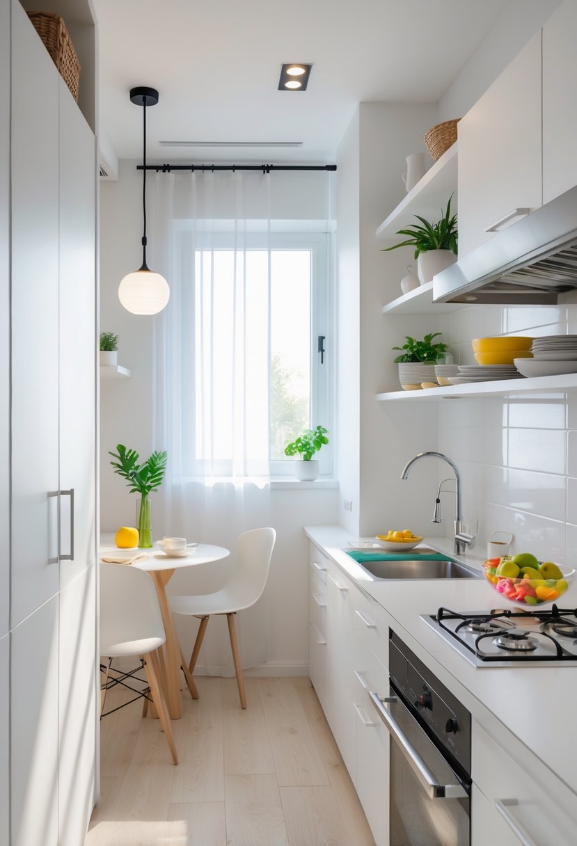 A small kitchen with white cabinets, a countertop with stove and sink, open shelves with dishes and plants, and a small dining nook by a window.