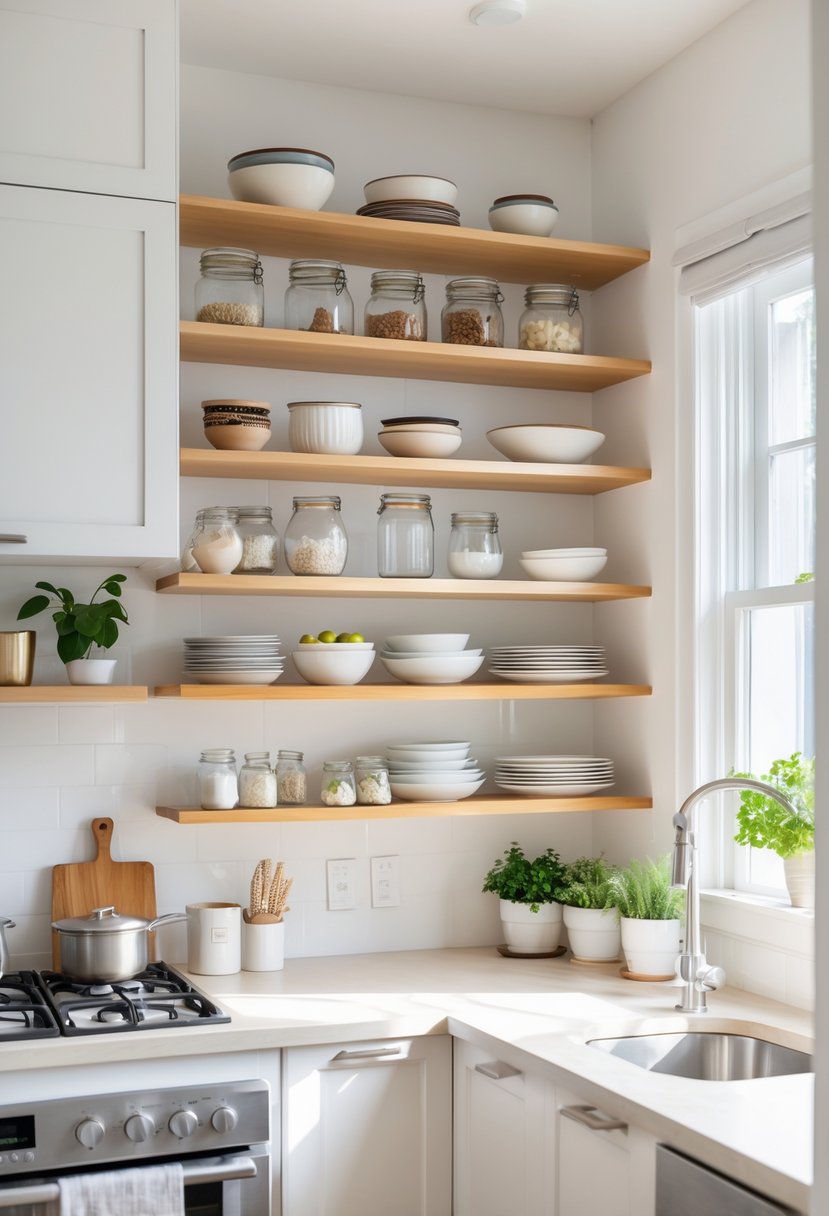 Small kitchen with open shelves holding kitchenware and plants, maximizing vertical storage space.
