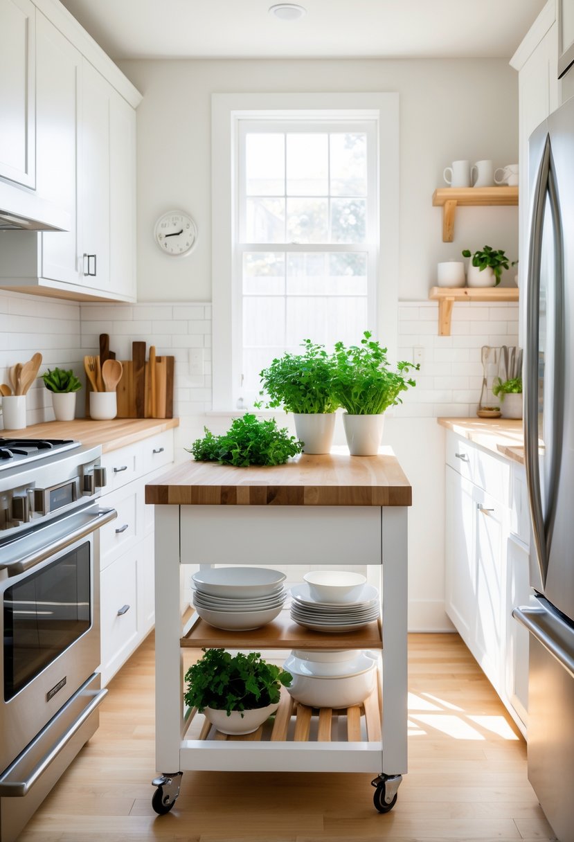 A small kitchen with a rolling kitchen island used as extra workspace, featuring wooden countertops and kitchen utensils.
