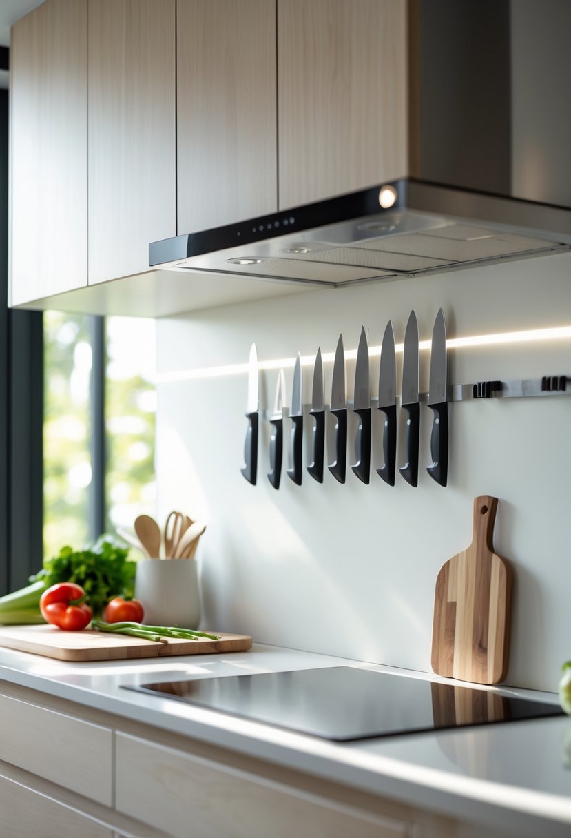 A small kitchen with magnetic knife strips holding knives mounted on the backsplash above a clean countertop.