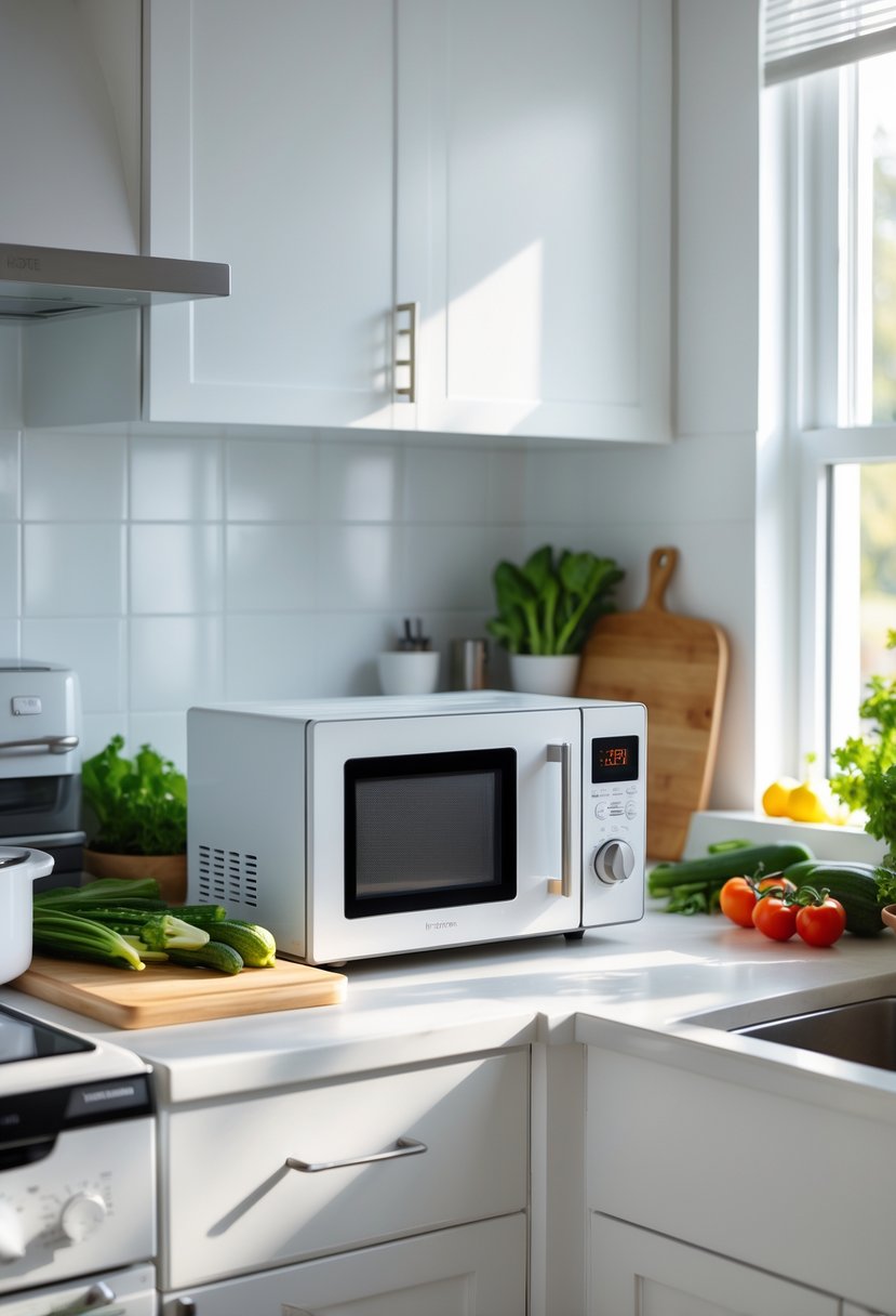 A small kitchen with a compact microwave oven on the countertop surrounded by fresh vegetables and kitchen tools.