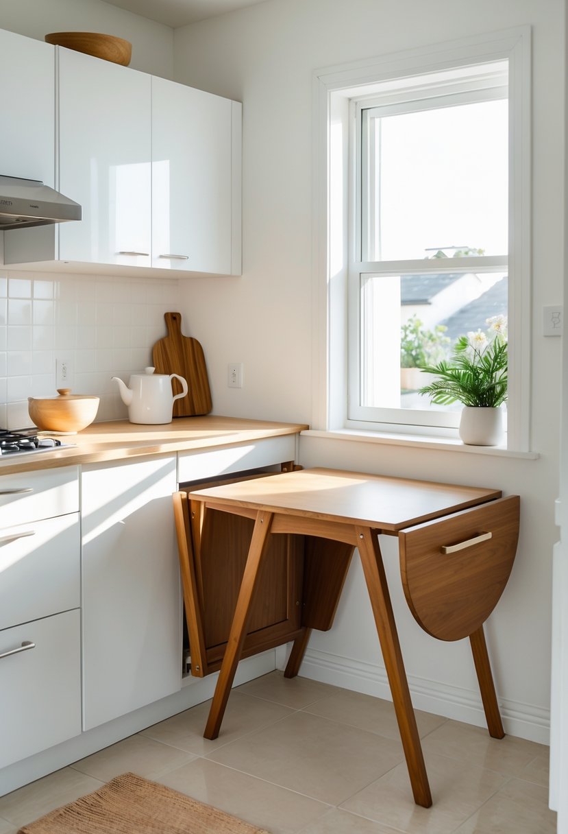 A small kitchen with a wooden drop-leaf table folded down to save space, surrounded by white cabinets and natural light.