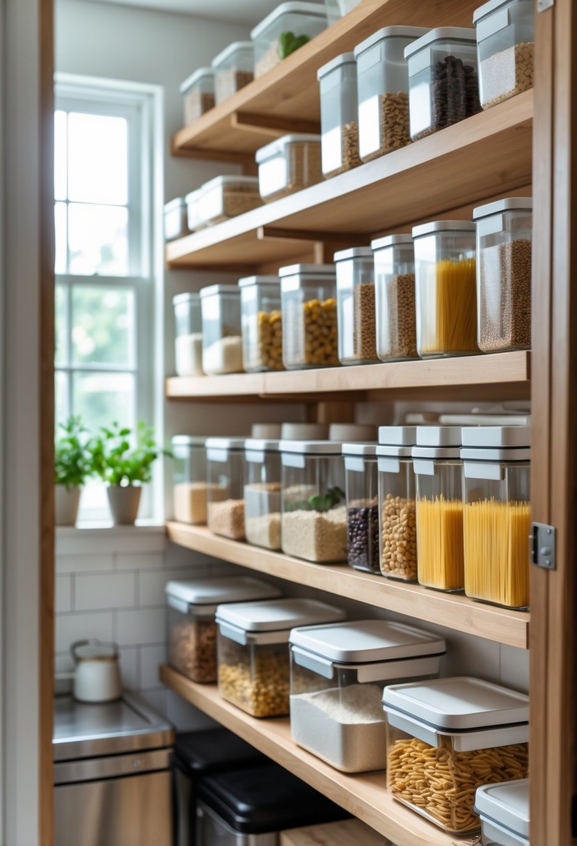 A kitchen pantry with clear containers filled with dry goods neatly arranged on wooden shelves.