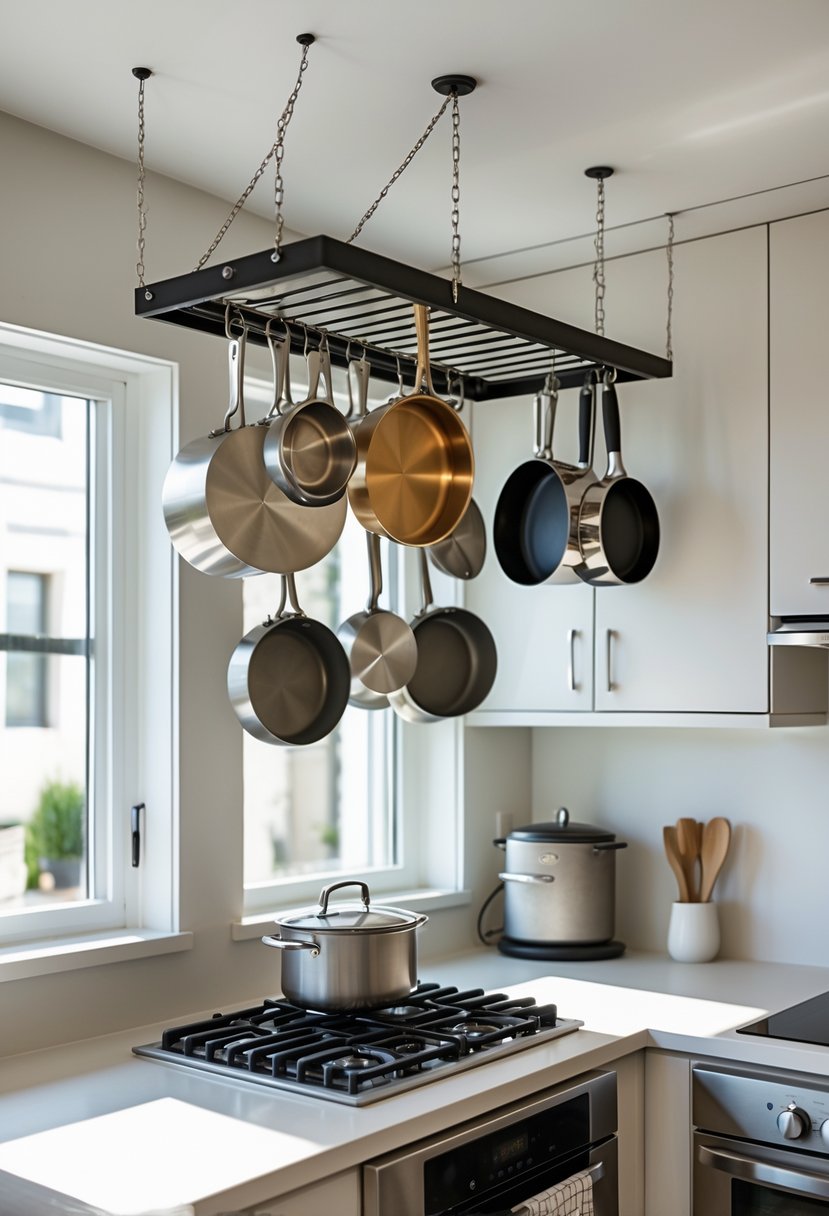 Small kitchen with pots and pans hanging from a ceiling rack above a clean countertop and stove.