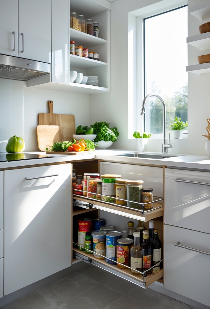 A small modern kitchen with pull-out pantry shelves extended, showing organized food storage and clean countertops.