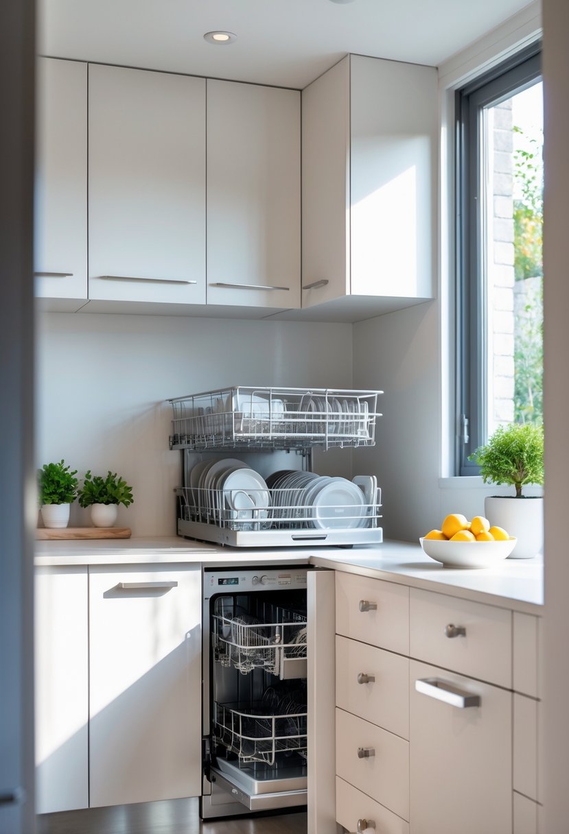 A small modern kitchen with slim, stackable dishwashers integrated under the countertop and natural light coming through a window.