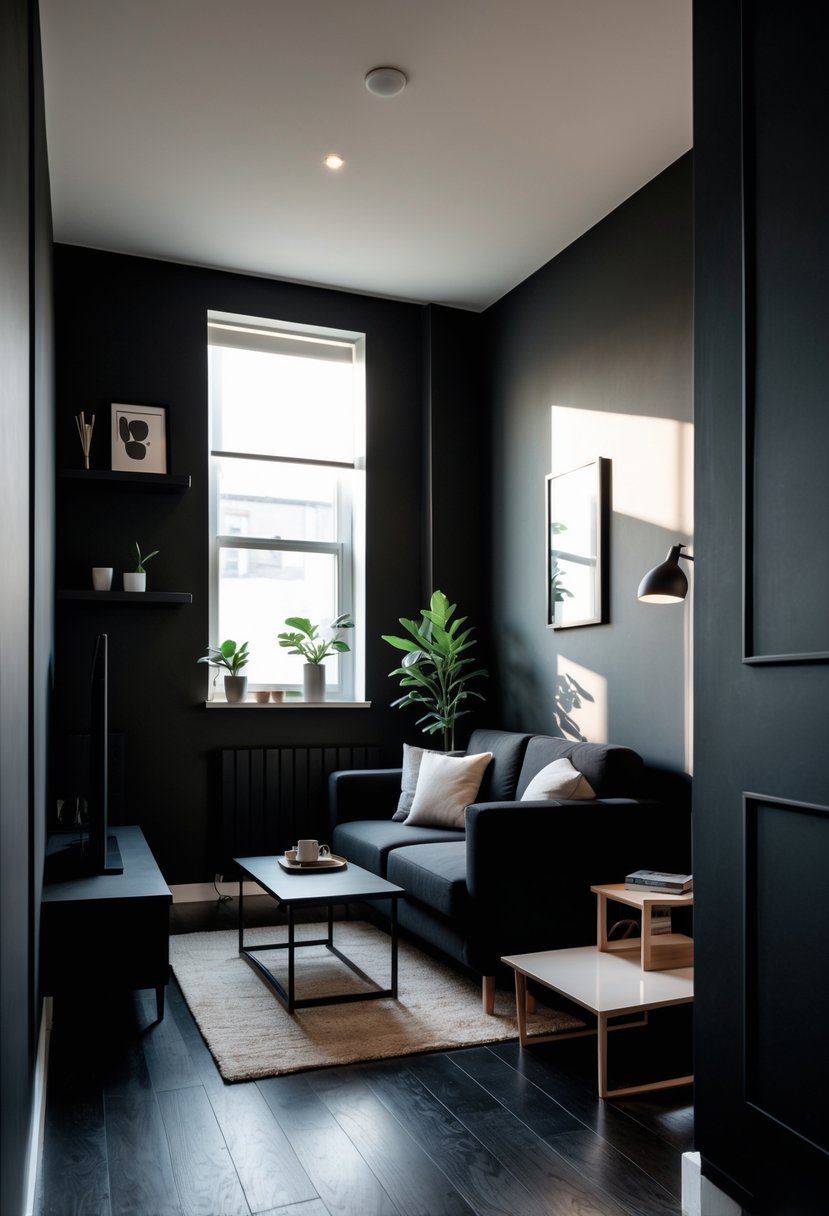 A small living room with black walls, black furniture, a coffee table, a bookshelf, and a plant near a window.