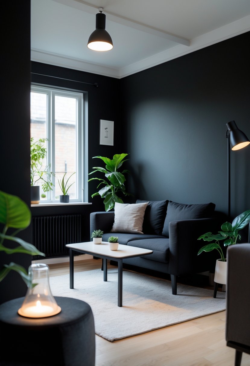 A small living room with matte black walls, a black sofa, a coffee table, plants, and natural light coming through a window.