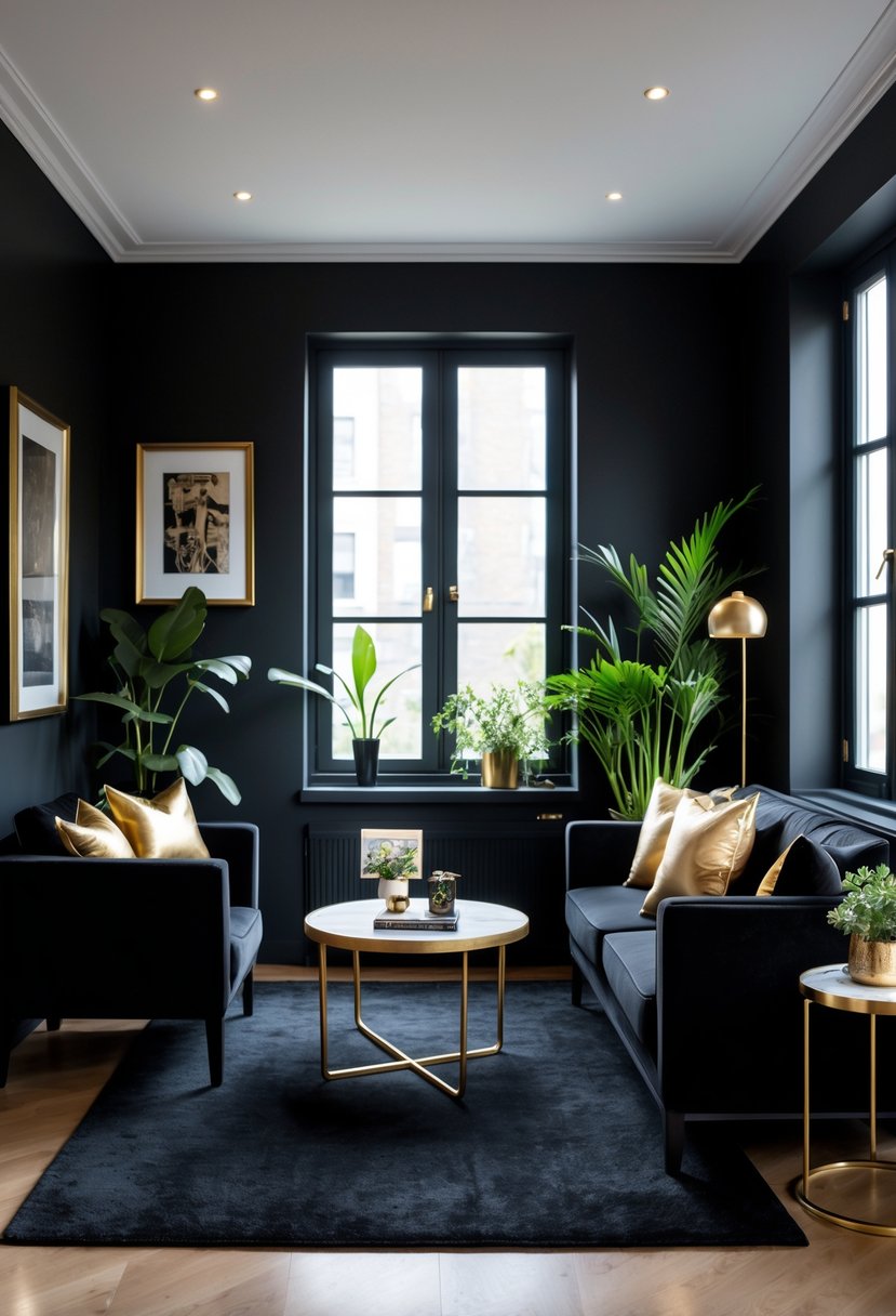A small living room with black furniture and gold accents, including a sofa, coffee table, and decorative elements, with natural light coming through windows.