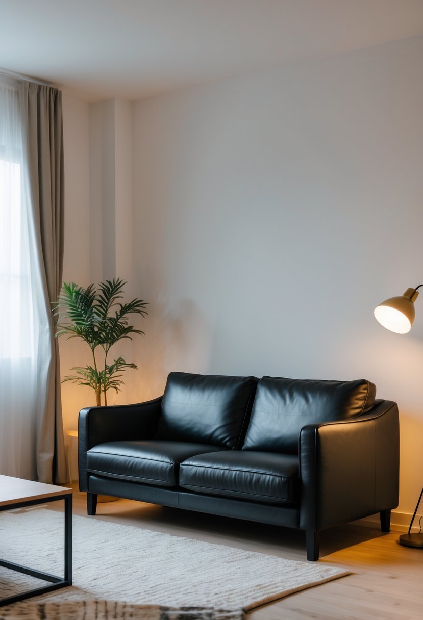 A small living room with a black leather sofa, a wooden coffee table, a plant, and a floor lamp.