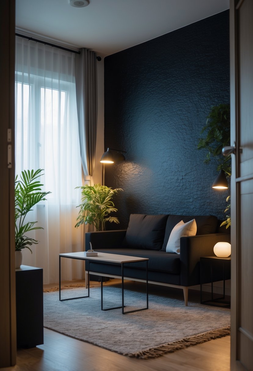 Small living room with textured black wallpaper, black sofa, coffee table, plants, and soft lighting.