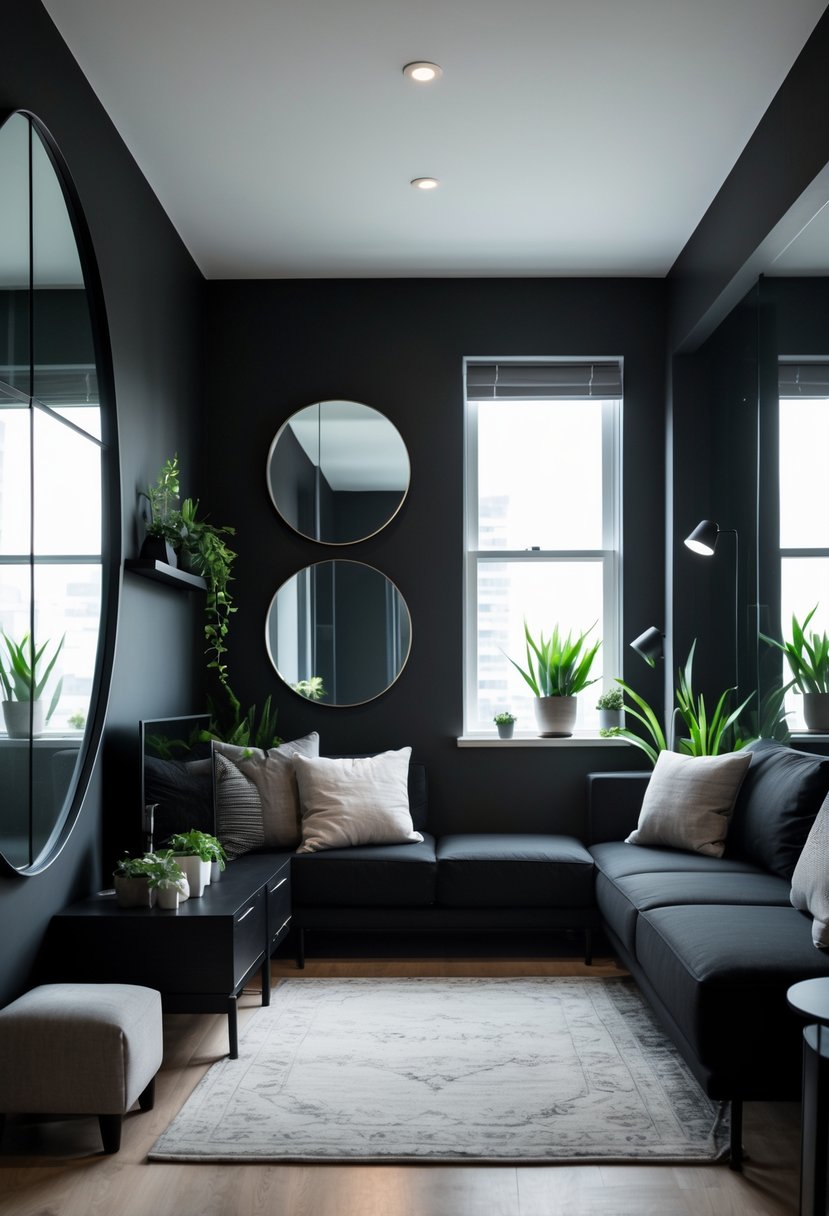 Small black living room with mirrors reflecting natural light, black furniture, and green plants.