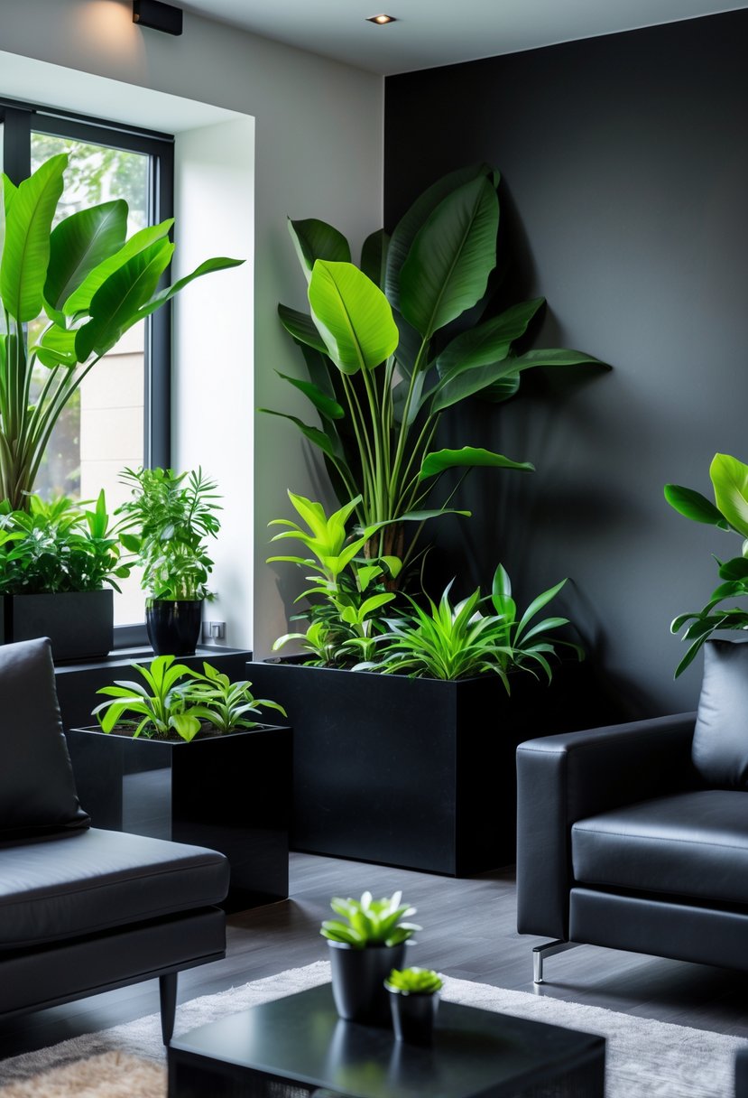 A small living room with black furniture and dark planters holding green plants.