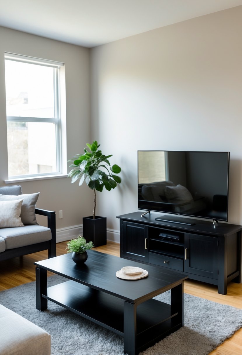A small living room with black wood furniture including a coffee table, side tables, and an entertainment unit, arranged neatly with a sofa, rug, and a small plant.
