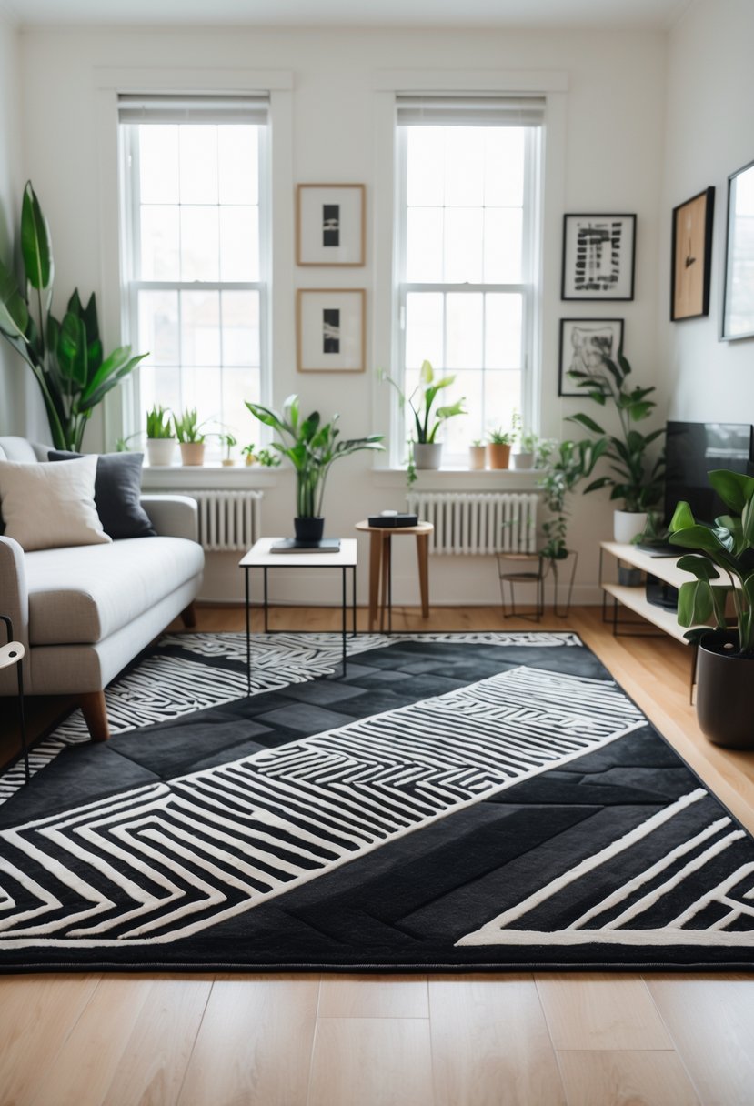 Small living room with geometric black area rugs on the floor, a sofa, coffee table, and plants.