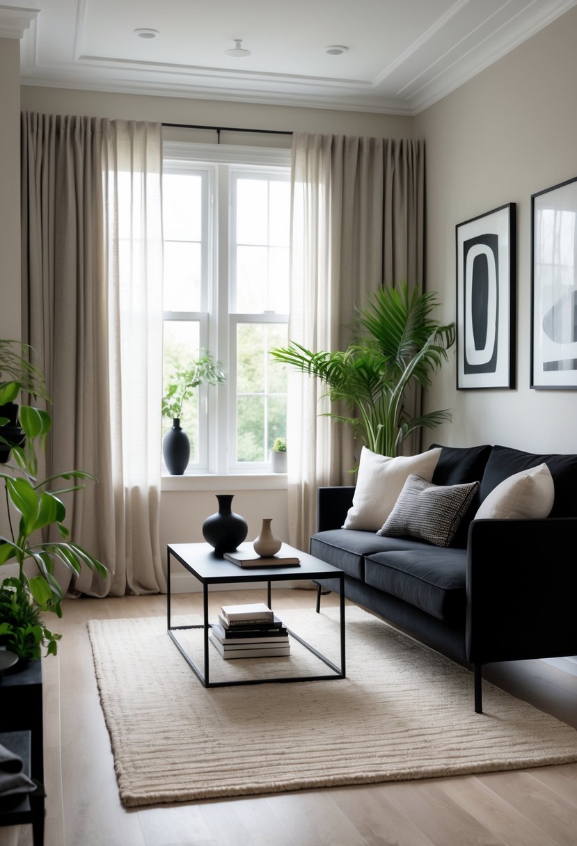 A small living room with a black sofa, light beige rug, neutral walls, a black coffee table, and green plants near large windows.