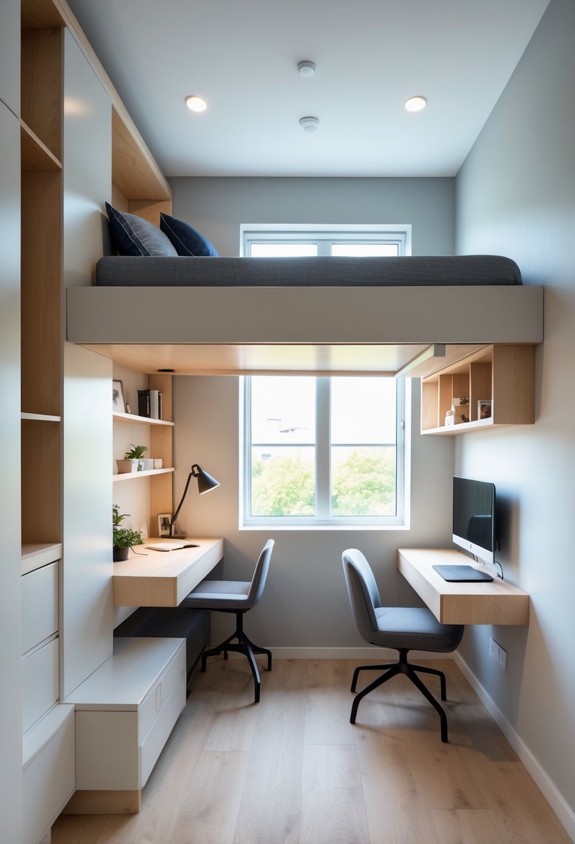 Small bedroom with a loft bed and workspace underneath, showing an organized and well-lit living area.