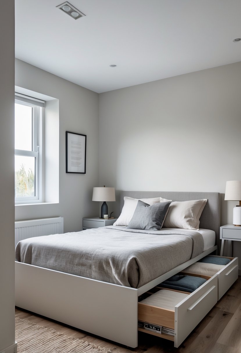 A small men's bedroom with a bed that has open under-bed storage drawers, showing organized items inside.