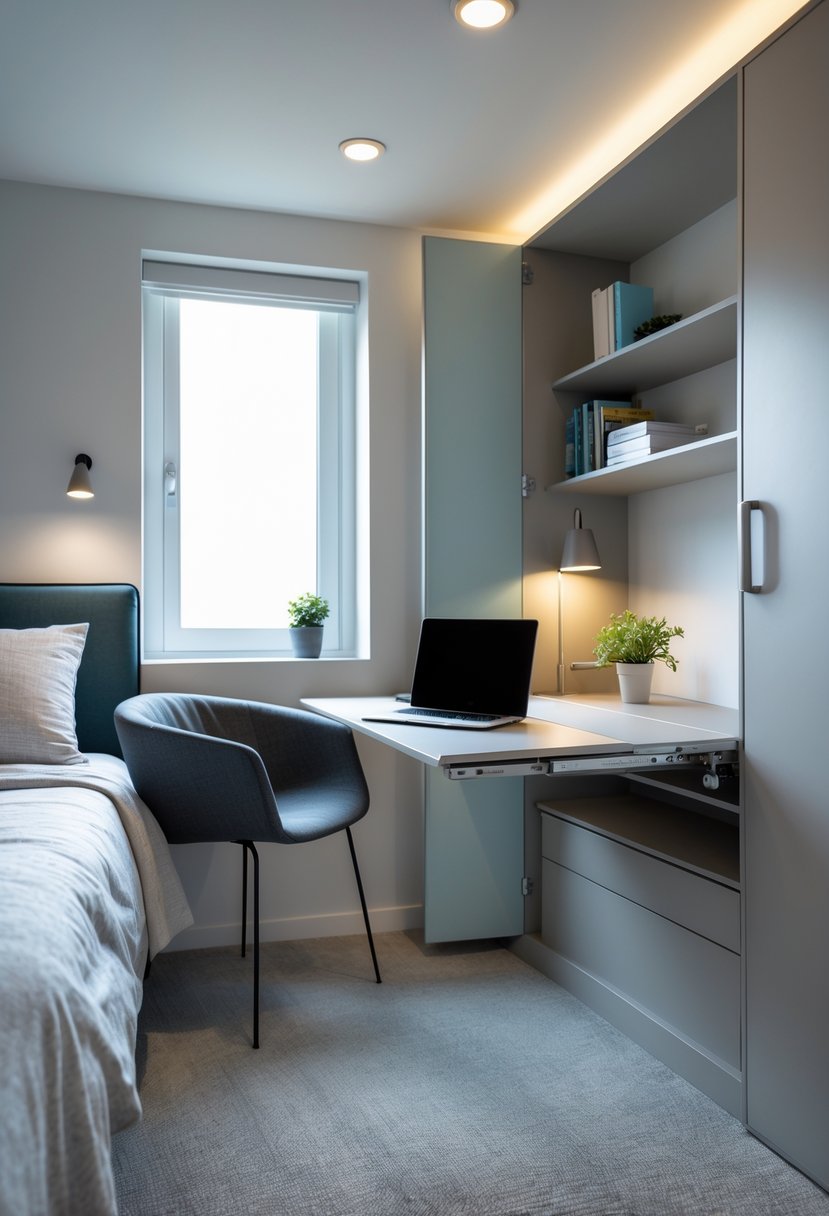 Small bedroom with a fold-out desk set up as a workspace, including a chair, laptop, and personal items, next to a neatly made bed.