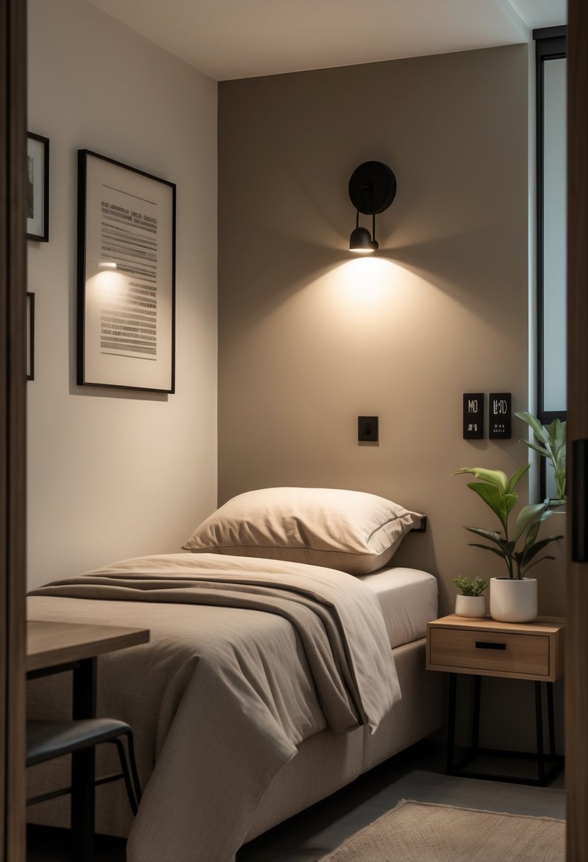 Small men's bedroom with a single bed, wall-mounted lighting, a nightstand, a desk, and simple decorations.