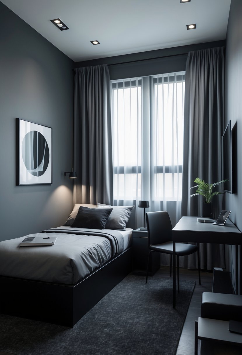 A small men's bedroom with a bed, nightstand, desk, and window, decorated in shades of gray and black.