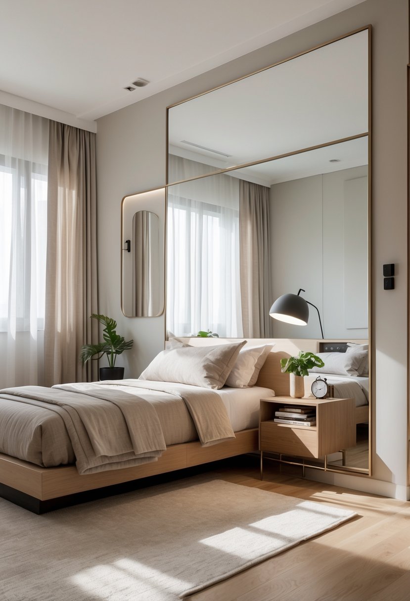 A small men's bedroom with a bed, nightstand, and a large wall mirror reflecting the room to make it appear bigger.