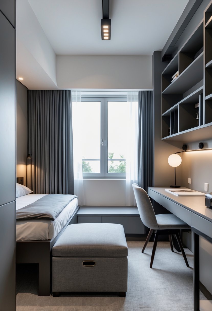 A small bedroom with a bed and a storage ottoman, a desk, and shelves, arranged to maximize space.