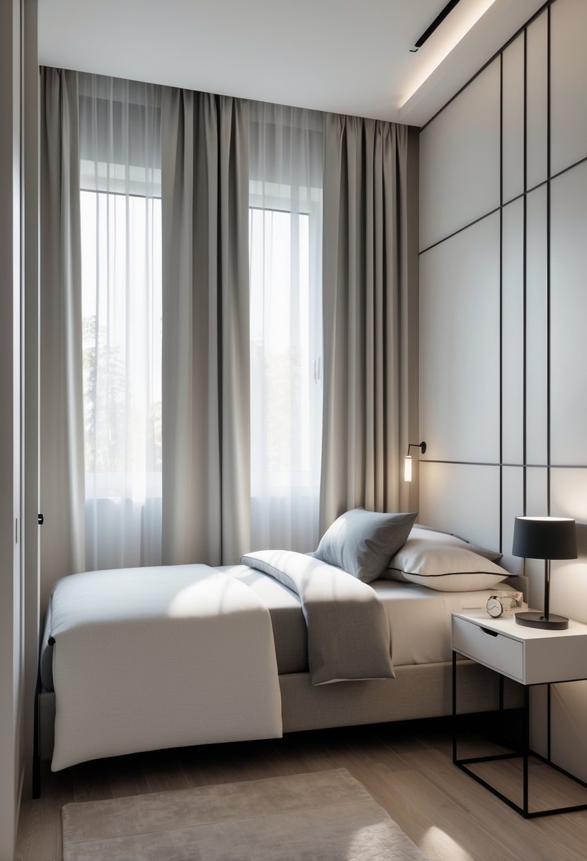 A small bedroom with curtains hung close to the ceiling, a neatly made bed, and a bedside table with a lamp.