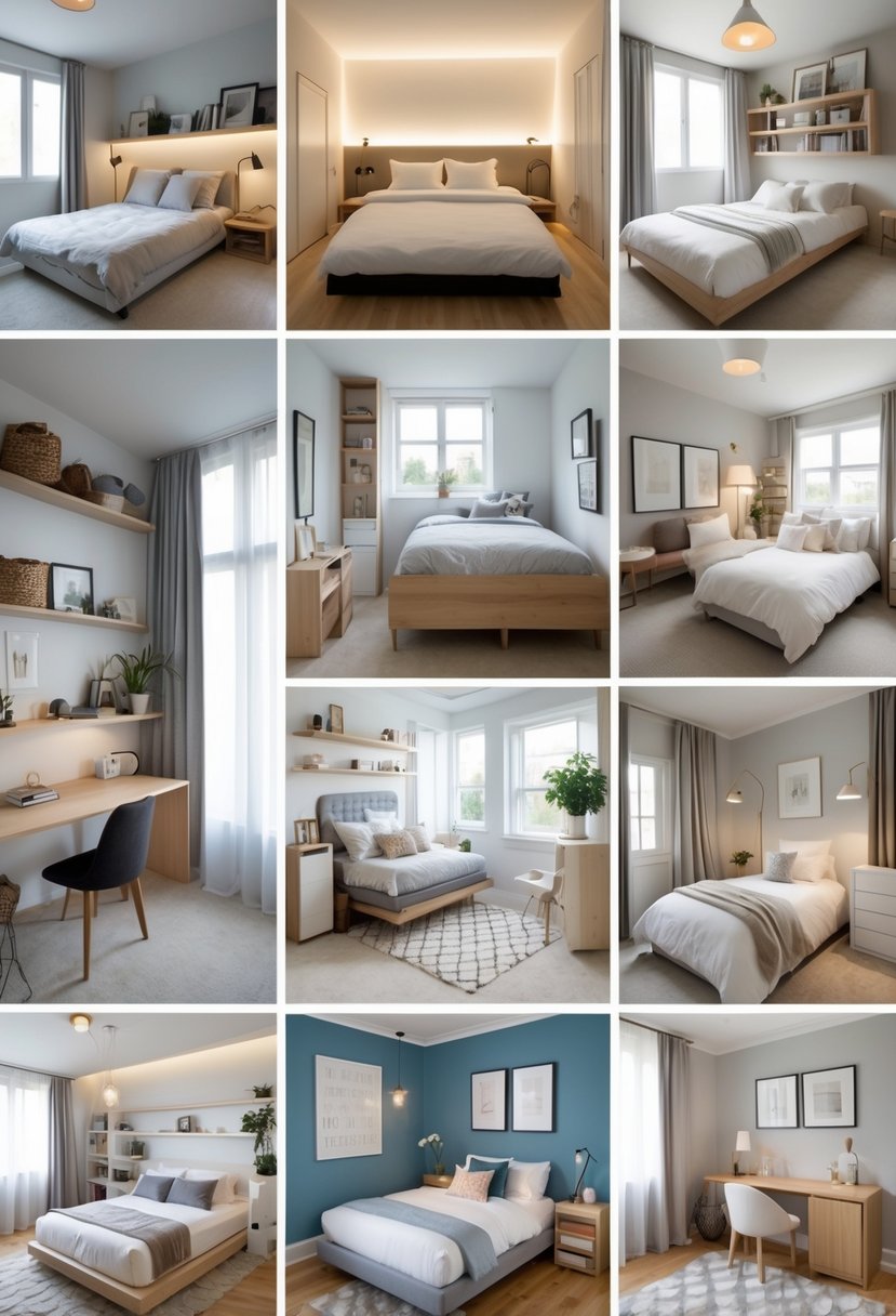 A collage of seven different small bedroom layouts showing various ways to arrange furniture and maximize space.