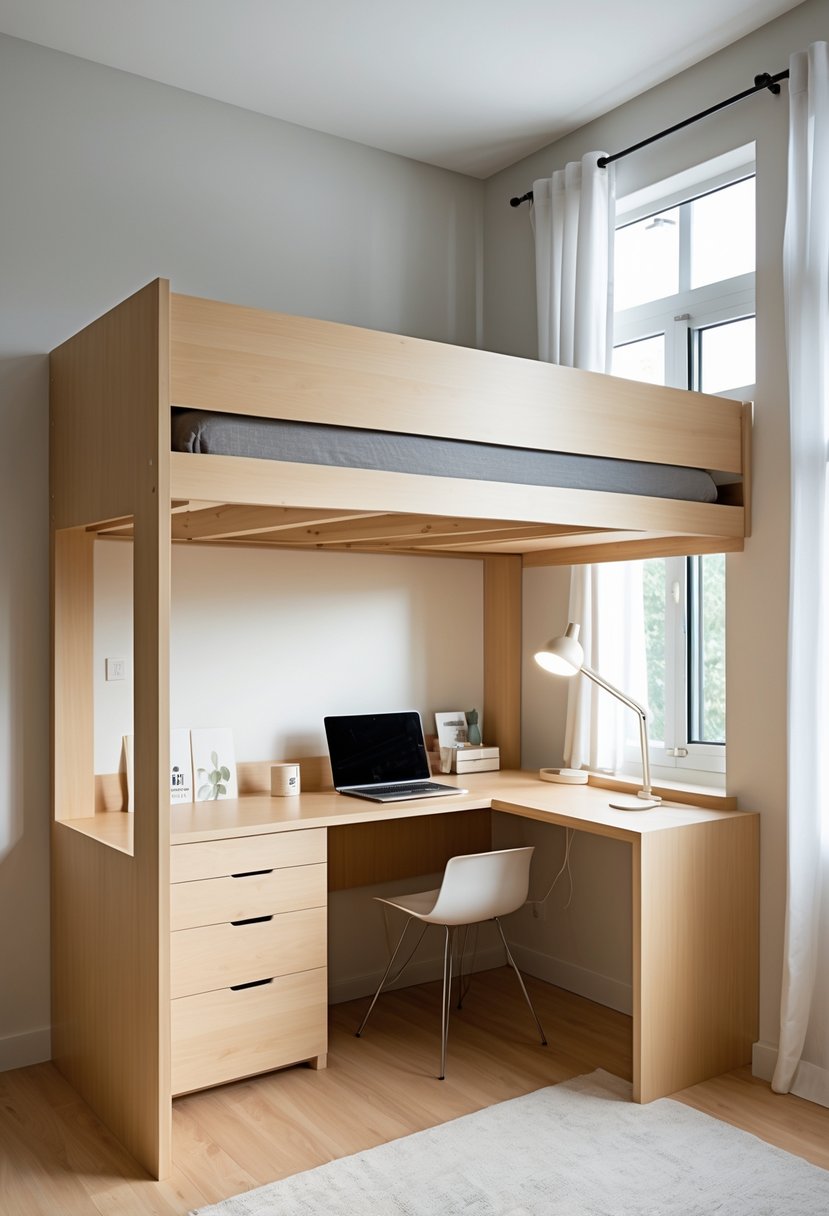 Small bedroom with a loft bed and a workspace underneath, featuring a desk with a laptop and a lamp.