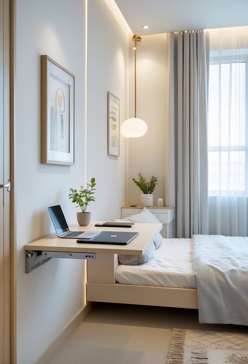 Small bedroom with a wall-mounted fold-down desk set up as a workspace, a bed, and a window letting in natural light.