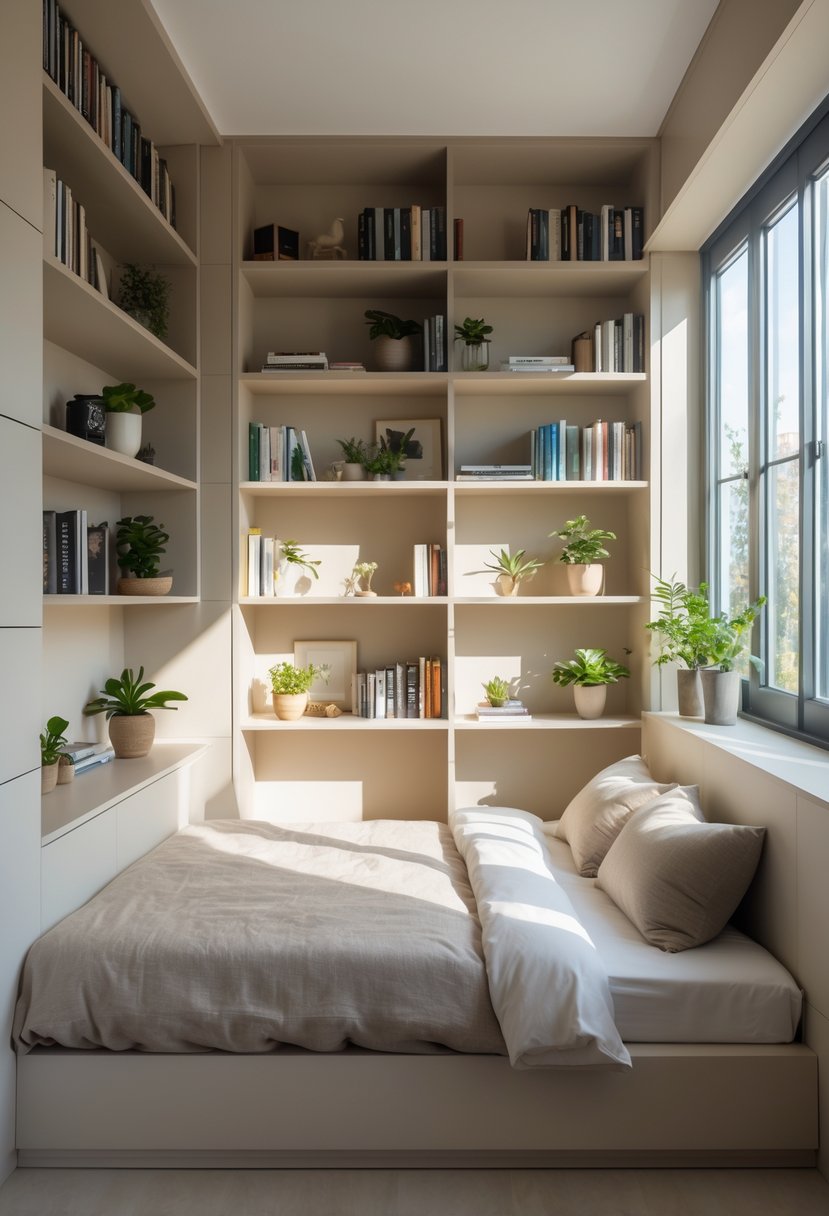 Small bedroom with built-in shelves around a bed filled with books and decorations.
