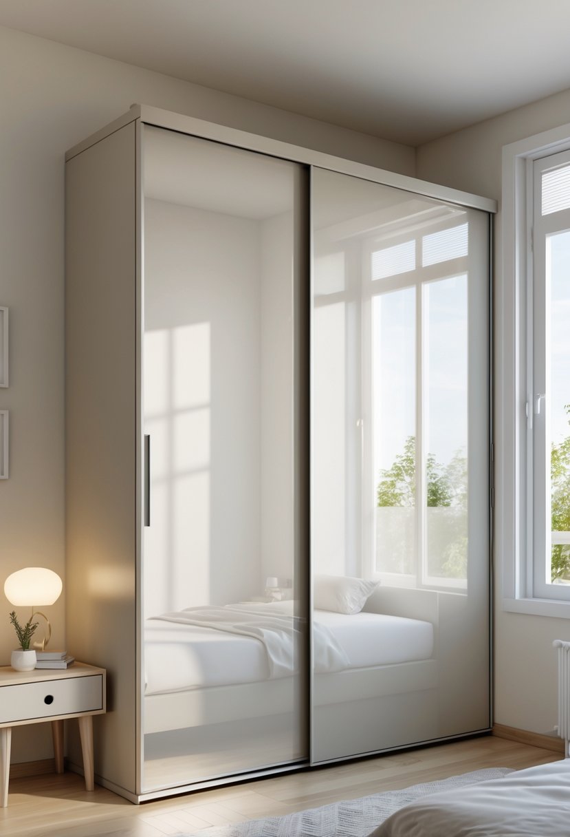 Small bedroom with a sliding door wardrobe, a bed, and a bedside table arranged to maximize space.