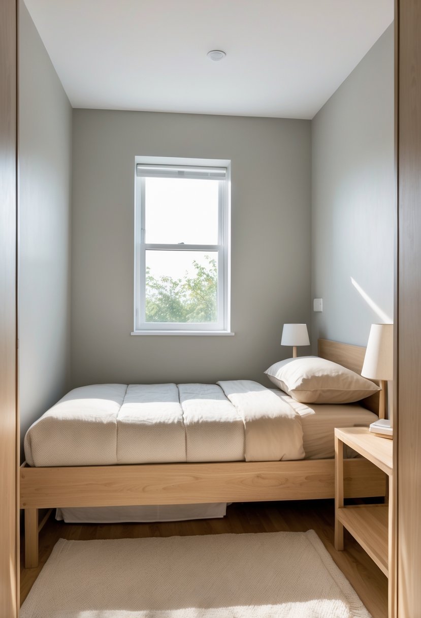 A small bedroom with a bed, nightstand, lamp, and window, decorated in neutral colors.