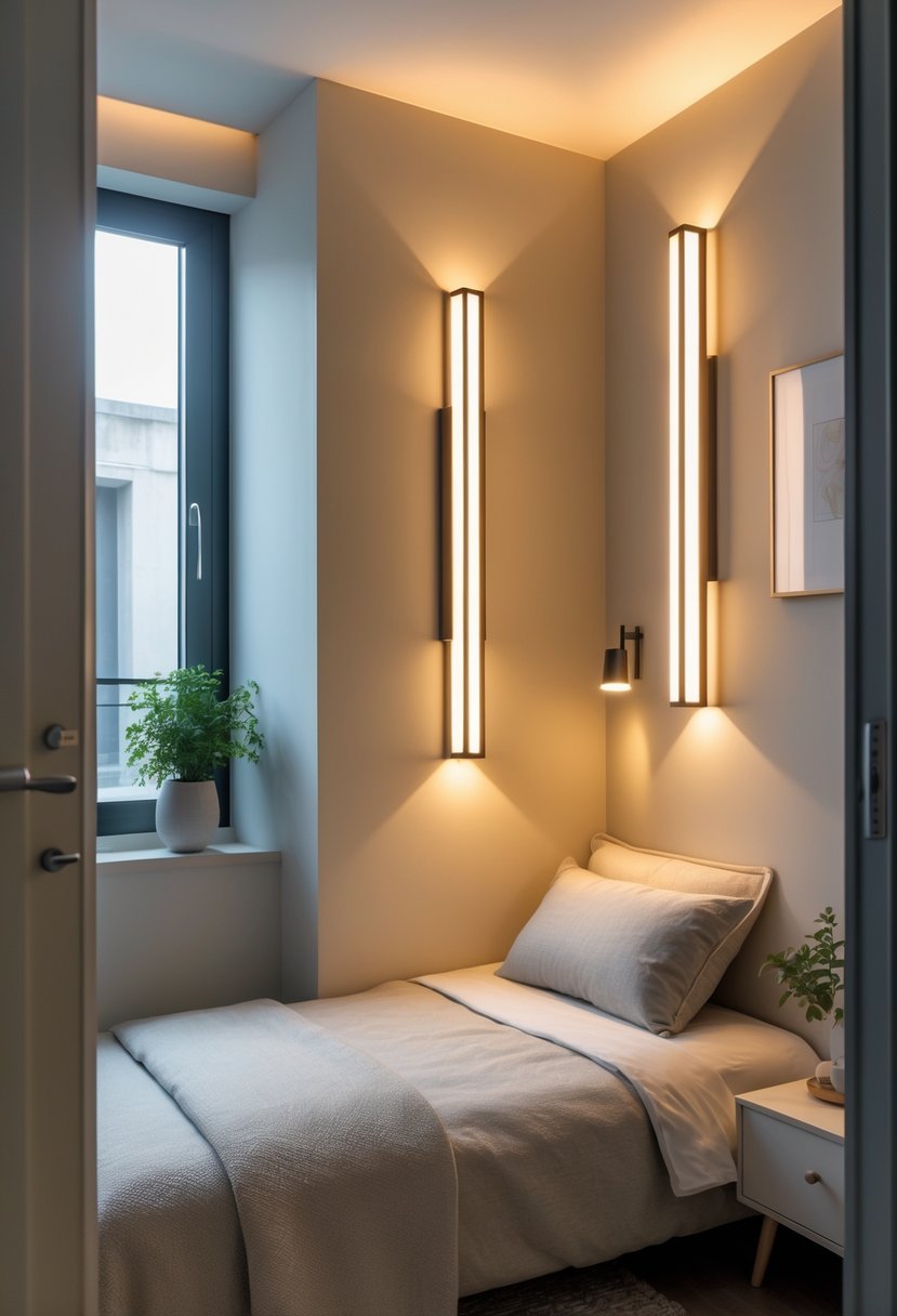 A small bedroom with a bed and vertical wall lights illuminating the space.