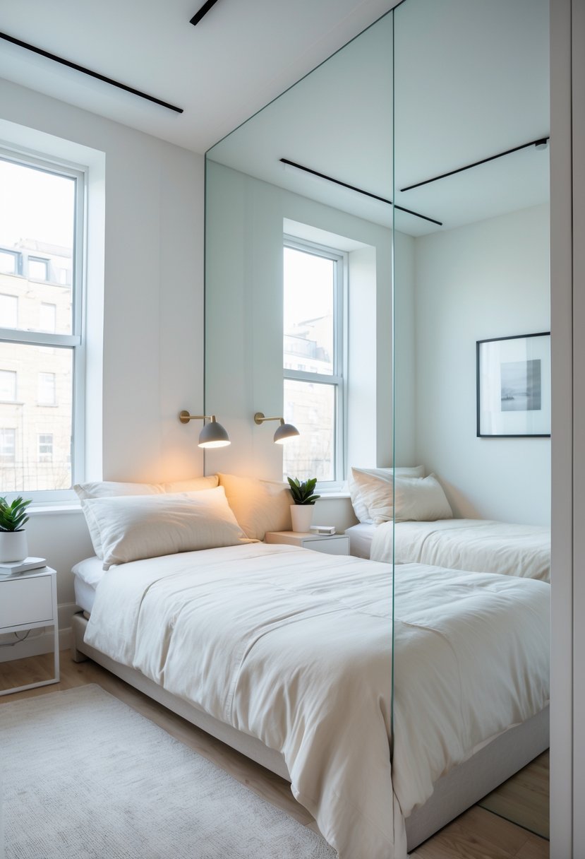 Small bedroom with a large mirror wall reflecting the room, a bed, nightstand, and natural light from a window.