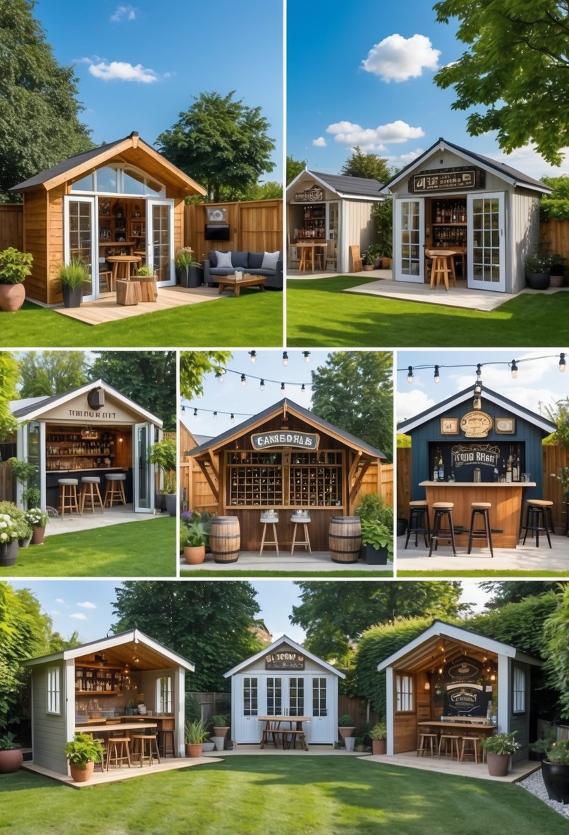 A backyard featuring ten different shed pubs with various designs, outdoor seating, and garden decorations under a clear blue sky.