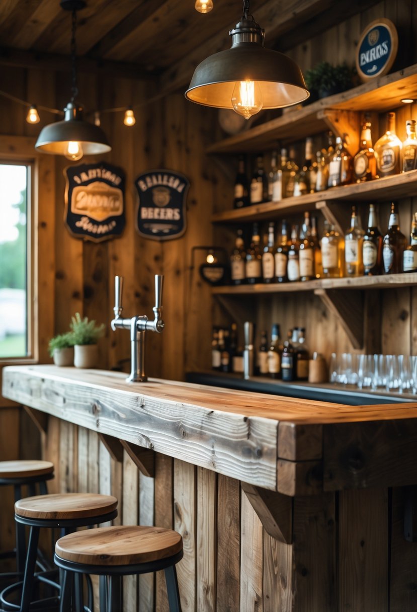 A rustic wooden bar with shelves of bottles and glassware, warm lighting, and bar stools in a cozy indoor setting.