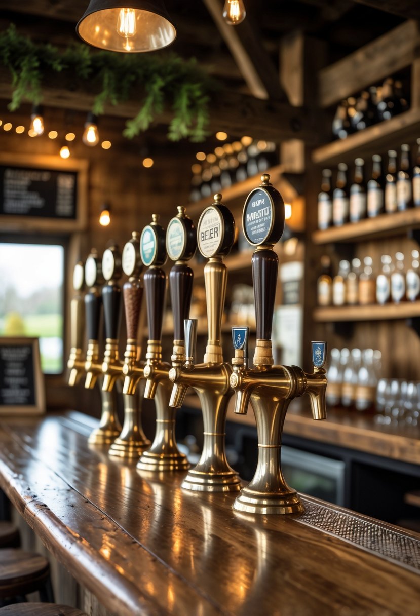 A wooden bar counter with vintage brass beer taps in a cozy shed pub setting, surrounded by shelves of beer bottles and glassware.