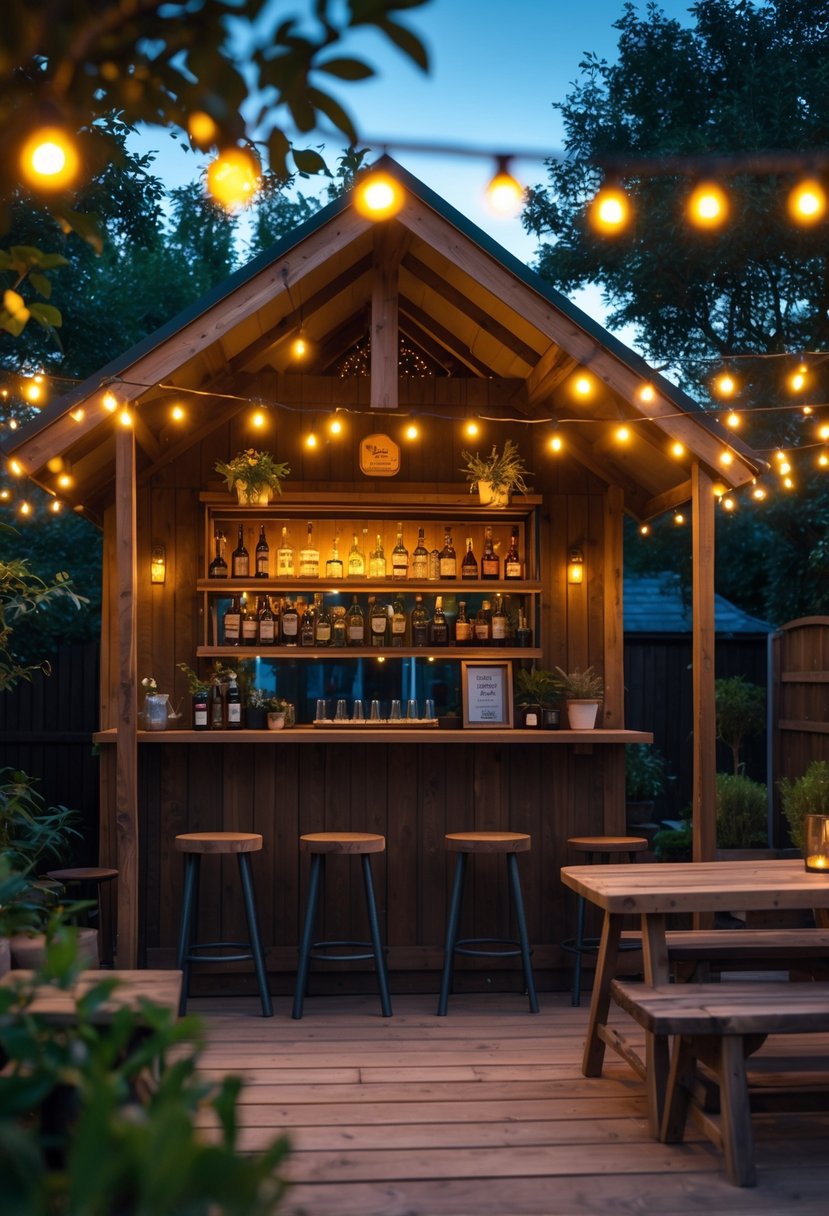 An outdoor wooden shed converted into a cozy pub with string lights hanging overhead and outdoor seating in a garden setting at dusk.
