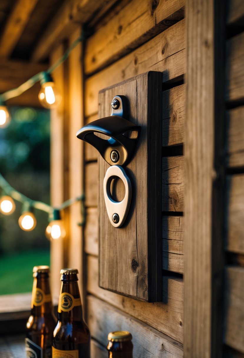 A wall-mounted metal bottle opener attached to a wooden shed wall with bottles nearby and garden greenery in the background.