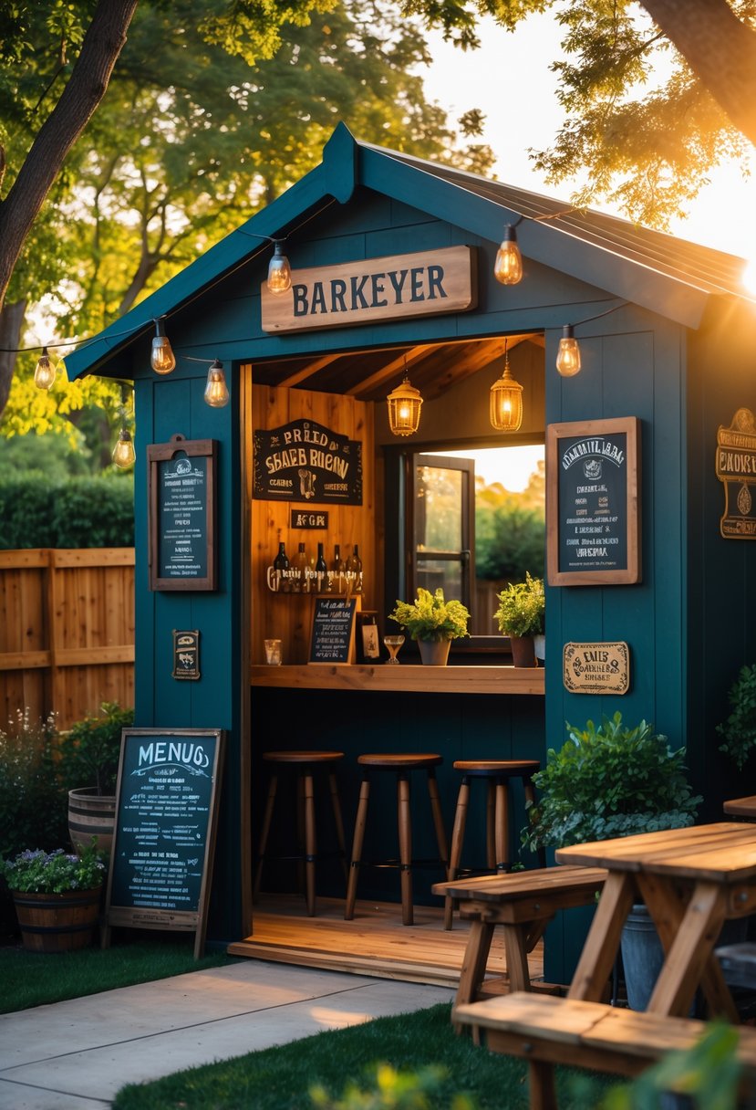 Backyard shed converted into a cozy pub with wooden signage, outdoor seating, string lights, and warm lighting during sunset.