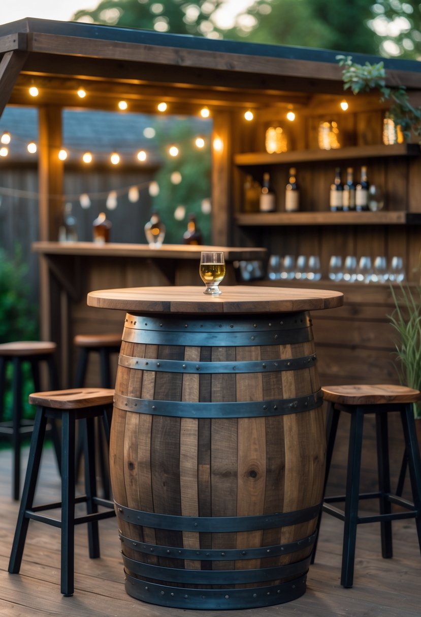 A reclaimed barrel table with stools inside a backyard shed decorated as a cozy pub area.