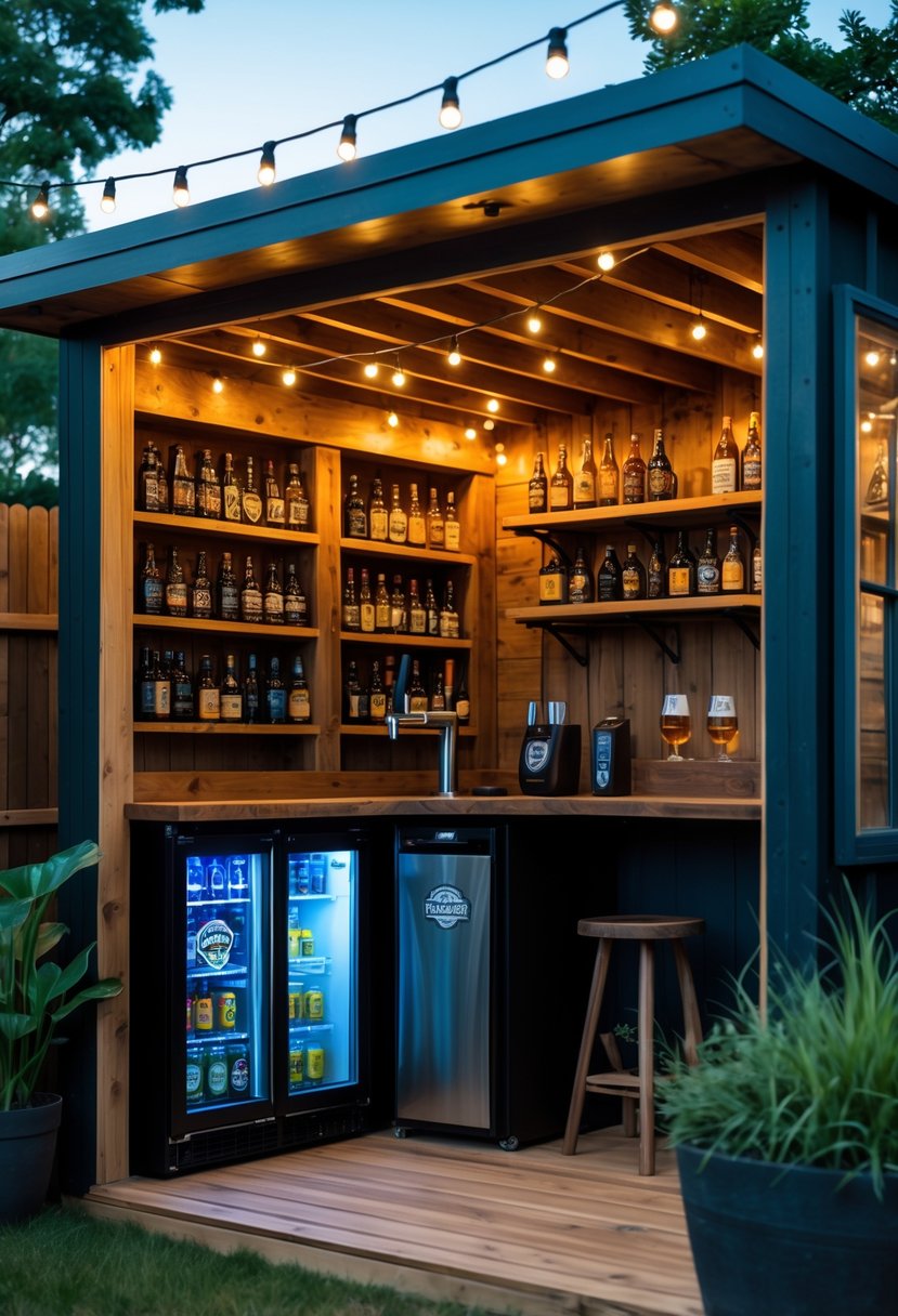 Backyard shed converted into a cozy pub with a compact kegerator, wooden shelves with beer bottles and glasses, and warm string lighting.