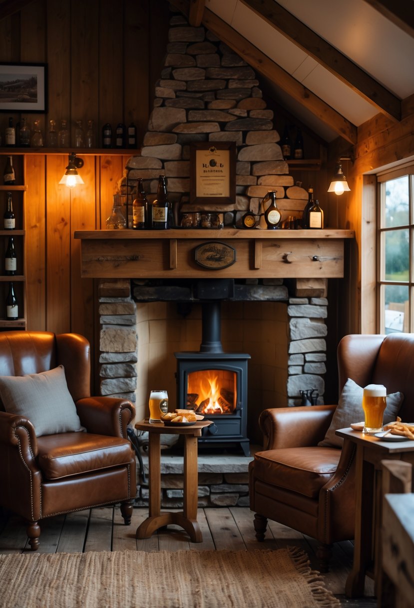 A cozy corner with a stone fireplace, leather armchairs, wooden walls, and a small table with beer and snacks inside a rustic shed.